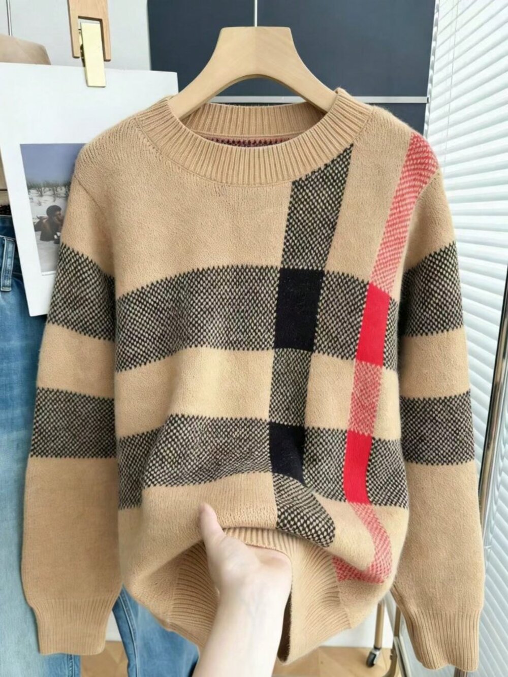 Brown Casual Women's Striped Loose Fit Long Sleeve Crew Neck Sweater